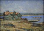 BRUNET Emile (1869-1944)A Claouey, Bassin d'Arcachon.Huile sur panneau signée en...