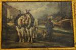 JACQUE Charles (1879-1859)Chevaux de trait près d'un canal.Huile sur toile.19...