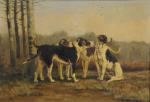 LA ROCQUES Georges (1839-1932)Quatre chiens de chasse.Huile sur toile signée...