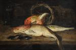 LALOU G. (?)Nature morte aux poissons.Huile sur toile signée en...