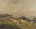 Ecole FRANÇAISE XIX-XXème.Bergère et son troupeau en bord de mer.Huile...