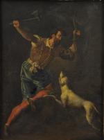 Ecole VÉRONAISE du XVIIème siècle.Gentilhomme se défendant contre des chiens.Ardoise.29...