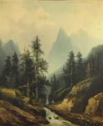 Ecole FRANÇAISE vers 1860.Paysage de montagne au torrent.Sur sa toile...
