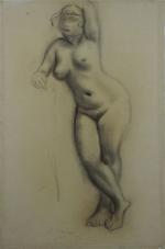 BRECKER Arnod (1900-1991) Nu féminin debout, jambes croisées, bras gauche...
