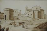FLACHERON Alexandre Pyrrhus (?-1841)  (?)Vue d'un village fortifié.Lavis d'encre...