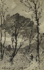 HARPIGNIES Henri Joseph (1819 - 1916)Sentier forestier.Lavis et encre, signée...