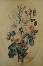 REDOUTÉ, dans le goût de.Composition de roses et lys.Aquarelle.51 x...