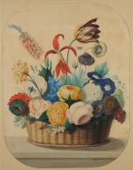 École FRANÇAISE du XIXème.Composition de fleurs dans un panier.Aquarelle.50 x...