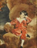 École FRANÇAISE, XXème.Portrait d'enfant en habit rouge et Portrait d'homme....