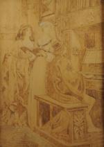 LEMERLE M. , XIX-XXème.Le joueur d'orgue.Bois gravé ou pyrogravé signé...