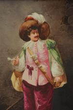VARIA. BERTHAUD, XIX-XXèmePortrait d'homme fumant la pipe. Peinture sur plaque...