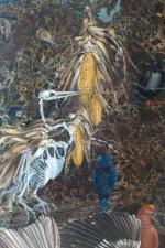 Joséphine BAUDOUIN (XXe)Oiseau surréaliste au maïs et Pigeon-coquillage.Deux peintures sur...