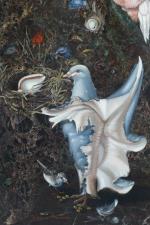 Joséphine BAUDOUIN (XXe)Oiseau surréaliste au maïs et Pigeon-coquillage.Deux peintures sur...