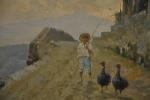 Mario MIRABELLA (1870-1931). Enfant  aux dindons devant l'Etna.Huile sur...