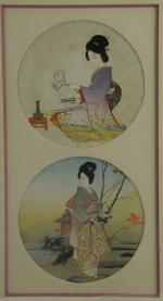 JAPON XXème.Femmes avec une fleur et dans un jardin.Paire d'estampes...