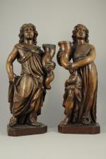 Deux SUJETS en bois sculpté formant pendants, représentant des personnages...