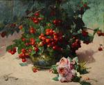 Georges JEANNIN (Paris, 1841 - 1925)Bouquet de cerises aux pivoines.Toile...