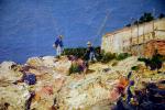 Jean-Baptiste OLIVE (Marseille, 1848 - Marseille, 1936)Pêcheurs sur les rochers.Huile...
