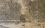 Alphonse AUFRAY DE ROC'BIHAN (1833 -1887)Canards dans un paysage. Eau-forte...
