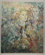 École CONTEMPORAINE (XXème).Cinq visages.Huile sur toile.65 x 54 cm.(infimes manques...