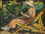 Jules-Louis MORÉTEAU (1886-?).Femme lisant sur un transat.Huile sur panneau.Au dos,...