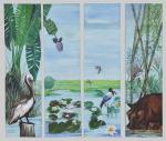 Tilda THAMAR (1917-1989).Quadryptique figurant un marais tropical animé d'une faune...