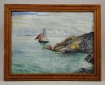 Anatole DEVARENNE (1880-1954).Voilier longeant la côte.Aquarelle sur papier signée en...