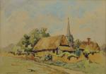 Anatole DEVARENNE (1880-1954).Chaumières et clocher d'un village.Aquarelle signée en bas...