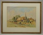 Anatole DEVARENNE (1880-1954).Chaumières et clocher d'un village.Aquarelle signée en bas...