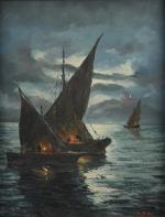 M. STOBLER (début XXème).Barques de pêche dans la nuit.Huile sur...