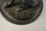 BARYE (d'après).Chien assis.Bronze à patine verte, marqué "Barye" sur la...