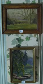 Henri DUMONT (1859-1921). L'étang. La barque. Deux toiles signées (12...
