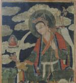 École TIBÉTAINE du XIXème.Bouddha et tigre.Peinture sur papier dans un...