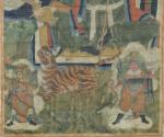 École TIBÉTAINE du XIXème.Bouddha et tigre.Peinture sur papier dans un...