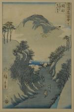 HIROSHIGE, fin XIXème.Tokaido vertical.Suite de trois oban.33 x 21,5 cm.(rousseurs)