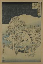 HIROSHIGE, fin XIXème.Tokaido vertical.Suite de trois oban.33 x 21,5 cm.(rousseurs)