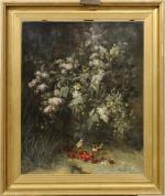 Antoine PERRET (1843-1889).Oiseaux sous les lilas.Huile sur toile, signée en...