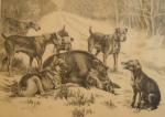 Joseph OBERTHÜR (1872-1956). Sanglier et chiens dans la neige.Lithographie, signée...
