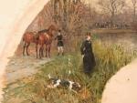 Charles Olivier de PENNE (1831-1897)Hallali du cerf dans l'étang.Équipage de...