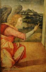 Attribué à Michele Di RIDOLFO (1503-1577)L'Annonciation.Panneau de peuplier cintré, 3...