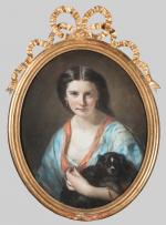 Alphonse-Louis GALBRUND (1810-1885)Jeune femme au chien (cavalier King Charles).Pastel ovale...