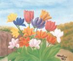 BAUCHANT. Bouquet de tulipes divers sur paysage. Huile sur toile....