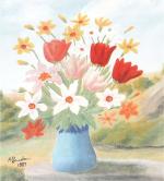 BAUCHANT. Bouquet narcisses et tulipes dans un pot bleu. Huile...