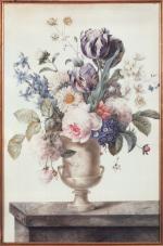 Zélie D'LEINDRE. Bouquet de fleurs -tulipes, pivoines, myosotis, marguerites. 
Gouache...