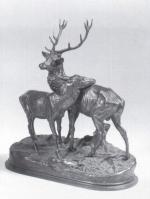 DUBUCAND Alfred (1828-1894). L'accolade, biche ct cerf. Bronze à patine...