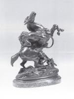 BARYE Antoine Louis (1795-1875). Cheval surpris par un lion. Bronze...