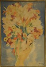 Jean Gabriel DOMERGUE (1889-1962)Modèle et Pin up au bouquet fleuri.Paire...
