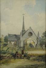DOUILLARD (XIX-XXème).Conversation devant un calvaire et une église bretonne.Aquarelle, située...