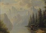 École EUROPÉENNE du XIXème.Paysage des Alpes, scène lacustre.Toile signée en...