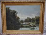 Charles NODE (1811-1886).Paysage avec rivière et troupeau.Huile sur toile.Signé en...